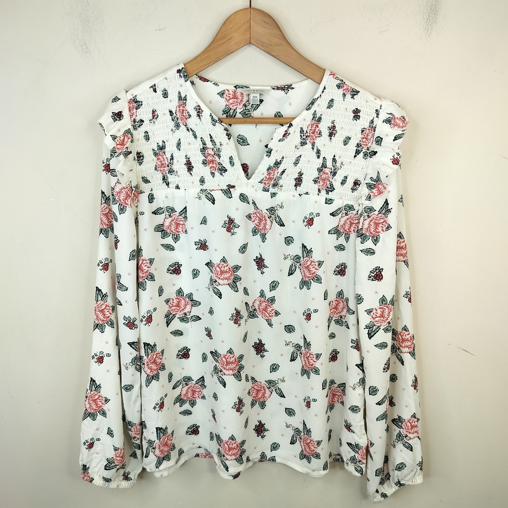 Lucky Brand Floral Blouse Medium Smocked Ruffled Roses Feminine Pink White